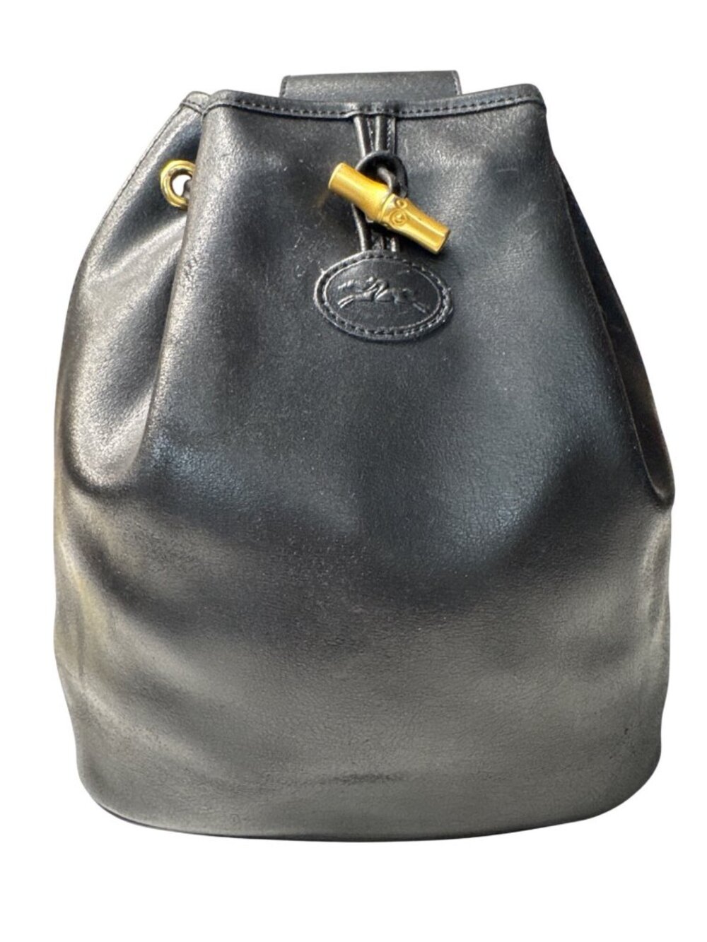 Vintage Longchamp Black Leather Drawstring Bucket Bag With Brass Accents